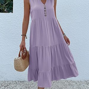 Women Plain V Neck Sleeveless Comfy Casual Maxi Dress, Midi, color:Purple|size:XL, catalog Noracora shop