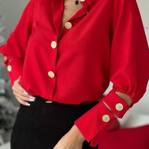 Shirt Collar Loose Urban Regular Sleeve Shirt, Blouses and Shirts, color:Red|size:XXL, Stylewe