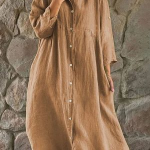 Women Plain Shirt Collar Three Quarter Sleeve Comfy Casual Midi Dress, Dresses, color:Brown|size:5XL, catalog Noracora shop