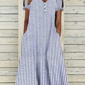 Women Striped Crew Neck Short Sleeve Comfy Casual Maxi Dress, Dresses, color:Blue|size:XXL, catalog Noracora shop