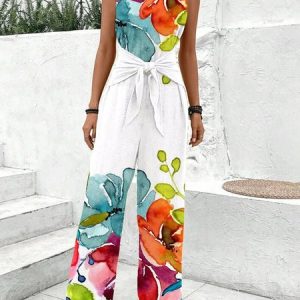 Women Sleeveless V Neck Loose Long Daily Casual Floral Natural Jumpsuit, Jumpsuits&Rompers, color:White|size:XXL, catalog Noracora shop