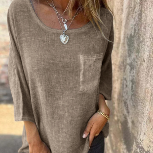 Crew Neck Long Sleeve Plain Regular Loose Blouse For Women, Blouses, color:Khaki|size:3XL, catalog Noracora shop