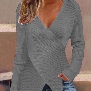 Women Yarn/Wool Yarn Plain Long Sleeve Comfy Casual Cross Sweater, Sweaters, color:Gray|size:XL, catalog Noracora shop