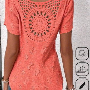 Notched Short Sleeve Plain Lace Regular Loose Blouse For Women, Blouses, color:Orange Red|size:XXL, catalog Noracora shop