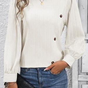 Crew Neck Long Sleeve Plain Buckle Regular Loose Blouse For Women, Blouses, color:White|size:XXL, catalog Noracora shop