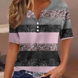 Women's Short Sleeve Tee T-shirt Summer Random Print Knitted Notched Daily Going Out Casual Top Blue, JustFashionNow T-Shirts, color:Black-pink|size:3XL,