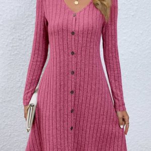 Women's Long Sleeve Spring/Fall Plain Buttoned Jersey Dress V Neck Daily Going Out Casual Midi H-Line, JustFashionNow Dresses, color:Deep Pink|size:XXL,