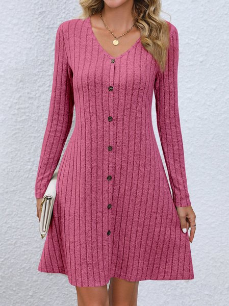 Women's Long Sleeve Spring/Fall Plain Buttoned Jersey Dress V Neck Daily Going Out Casual Midi H-Line, JustFashionNow Dresses, color:Deep Pink|size:XXL,