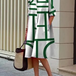 Versatile Classic Button-Front Shirt Dress with Pocket, Midi Dresses, color:White-green|size:XXL, Stylewe