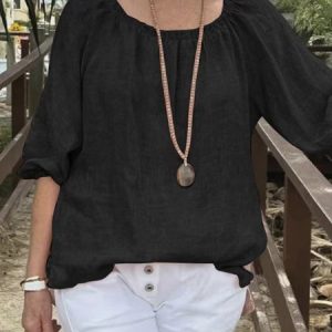 Crew Neck Half Sleeve Plain Regular Loose Blouse For Women, Blouses, color:Black|size:3XL, catalog Noracora shop