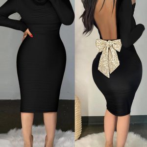 Sparkly Sequin Bowknot Decor Cowl Neck Long Sleeve Bodycon Dress Backless Party Dress, women Bodycon Dresses, ChicMe catalog