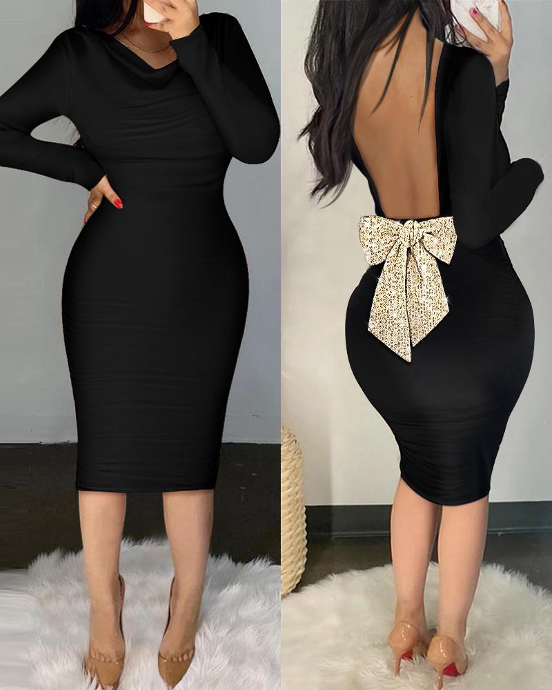 Sparkly Sequin Bowknot Decor Cowl Neck Long Sleeve Bodycon Dress Backless Party Dress, women Bodycon Dresses, ChicMe catalog