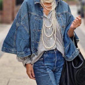 Casual Distressing Cloak Denim Coat, Jackets, color:Blue|size:XXL, Stylewe