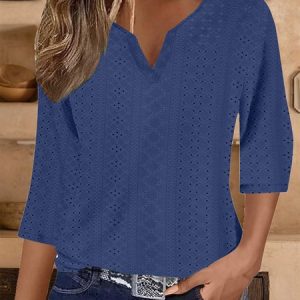 V Neck Half Sleeve Plain Regular Micro-Elasticity Loose Blouse For Women, Blouses, color:Blue|size:XXL, catalog Noracora shop