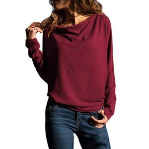 Crew Neck Long Sleeve Plain Regular Loose Blouse For Women, Blouses, color:Wine Red|size:XXL, catalog Noracora shop