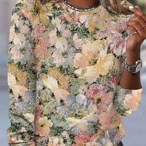 Casual Floral Crew Neck Long Sleeve T-shirt, T-shirts, color:Khaki|size:XXL, catalog Noracora shop