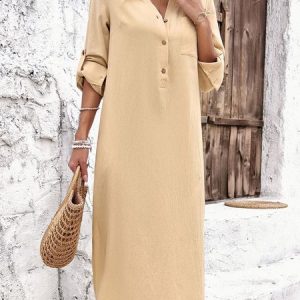 Women Plain V Neck Long Sleeve Comfy Casual Buckle Midi Dress, Midi, color:Apricot|size:XL, catalog Noracora shop