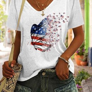 Women's Short Sleeve Tee T-shirt Summer Butterfly V Neck Daily Going Out Casual Top White, JustFashionNow T-Shirts, color:White|size:XXL,