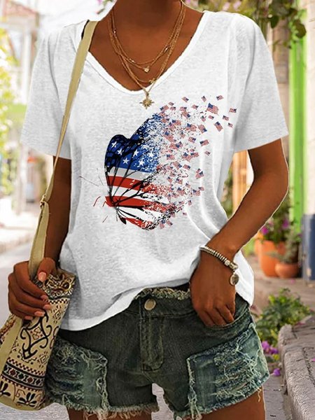 Women's Short Sleeve Tee T-shirt Summer Butterfly V Neck Daily Going Out Casual Top White, JustFashionNow T-Shirts, color:White|size:XXL,