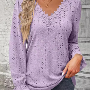 V Neck Long Sleeve Plain Lace Regular Regular Fit Blouse For Women, Blouses, color:Light Purple|size:XXL, catalog Noracora shop