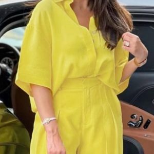 Casual Plain Shirt Collar Loose Half Sleeve Blouse, Blouses and Shirts, color:Yellow|size:XXL, Stylewe