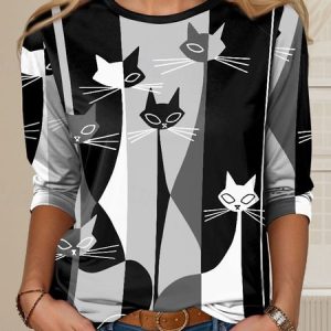 Cat print casual round neck long sleeved T-shirt, Long sleeves, Lilicloth.com