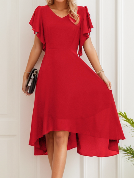 Women's Short Sleeve Summer Plain Cross Chiffon V Neck Party Going Out Simple Midi X-Line Black Dress, JustFashionNow Dresses, color:Red|size:5XL,