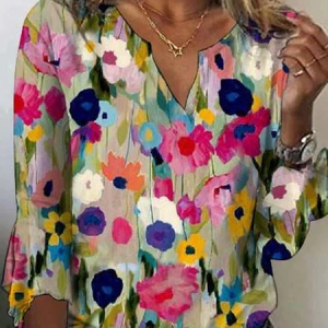 V Neck Half Sleeve Floral Regular Micro-Elasticity Loose Shirt For Women, T-shirts, color:Multicolor|size:XXL, catalog Noracora shop