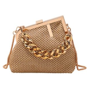 Color Block Striped Straw Handbag Vacation Chain Strap Crossbody Bag, Bags, color:Khaki|size:One-size, Stylewe