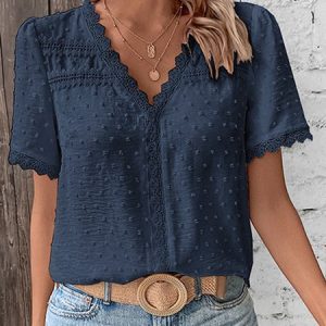 V Neck Short Sleeve Plain Regular Regular Fit Shirt For Women, Blouses, color:Purplish Blue|size:XL, catalog Noracora shop