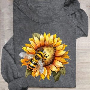 Casual Sunflower Crew Neck Long Sleeve T-shirt, T-shirts, color:Deep Gray|size:3XL, catalog Noracora shop