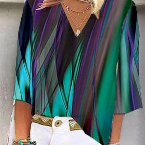 V Neck Half Sleeve Gradient Pattern Regular Loose Blouse For Women, Blouses, color:Deep Blue|size:XXL, catalog Noracora shop
