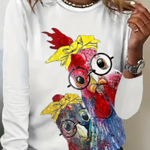 Casual Animal Crew Neck Long Sleeve T-shirt, T-shirts, color:White|size:XXL, catalog Noracora shop