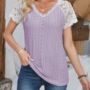 V Neck Short Sleeve Plain Eyelet Regular Loose Shirt For Women, Blouses, color:Purple|size:XXL, catalog Noracora shop