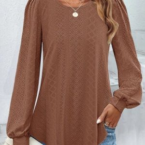 Casual Plain Crew Neck Long Sleeve T-shirt, Blouses, color:Brown|size:XXL, catalog Noracora shop