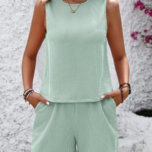 Women Striped Crew Neck Sleeveless Comfy Casual Top With Pants Two-Piece Set, Sets, color:Aqua|size:XXL, catalog Noracora shop