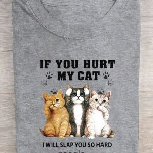Cat & Text Letters Printed Crew Neck T-Shirt, T-shirts, Lilicloth.com