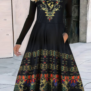 Women Geometric Crew Neck Long Sleeve Comfy Casual Buckle Maxi Dress, Dresses, color:Black|size:4XL, catalog Noracora shop