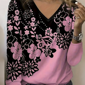 Casual Floral V Neck Long Sleeve T-shirt, T-shirts, color:Pink|size:XXL, catalog Noracora shop