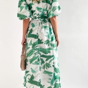 Women Floral Deep V Neck Short Sleeve Comfy Casual Maxi Dress, Maxi, color:Green|size:XL, catalog Noracora shop