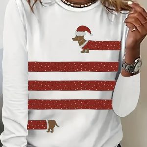 Casual Striped Crew Neck Long Sleeve T-shirt, Blouses, color:Red|size:5XL, catalog Noracora shop