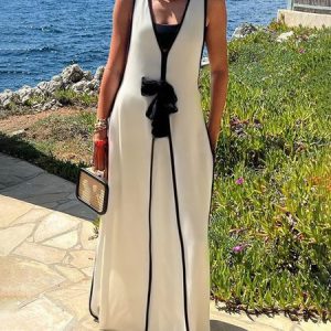 Vacation Color Block Sweater Dress With Strapless Vest, Maxi Dresses, color:Beige|size:XXL, Stylewe