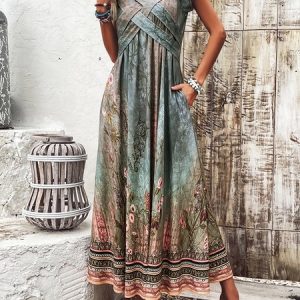 Women Nationality/ethnic V Neck Short Sleeve Comfy Casual Maxi Dress, Dresses, color:Green|size:XXL, catalog Noracora shop