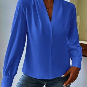 V Neck Long Sleeve Plain Regular Loose Blouse For Women, Shirts, color:Blue|size:XXL, catalog Noracora shop