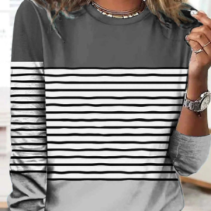 Casual Striped Crew Neck Long Sleeve T-shirt, T-shirts, color:Gray|size:5XL, catalog Noracora shop
