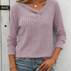 Women's Long Sleeve Tee T-shirt Spring/Fall Plain Buckle V Neck Daily Going Out Casual Top, JustFashionNow Long sleeve tops, color:Light Purple|size:XXL,