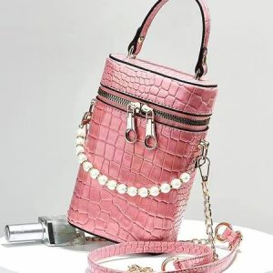 Elegant Crocodile Embossed Faux Pearls Beaded MIni Handbag with Detachable Crossbody Strap, Bags, color:Pink|size:One-size, Stylewe