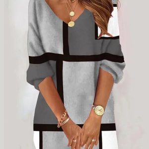 Women Plaid Shirt Collar Color Block Long Sleeve Comfy Casual Mini Dress, Midi, color:Gray|size:XXL, catalog Noracora shop