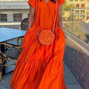Casual Loose Pockets V Neck Maxi Dress, Maxi Dresses, color:Orange|size:XXL, Stylewe