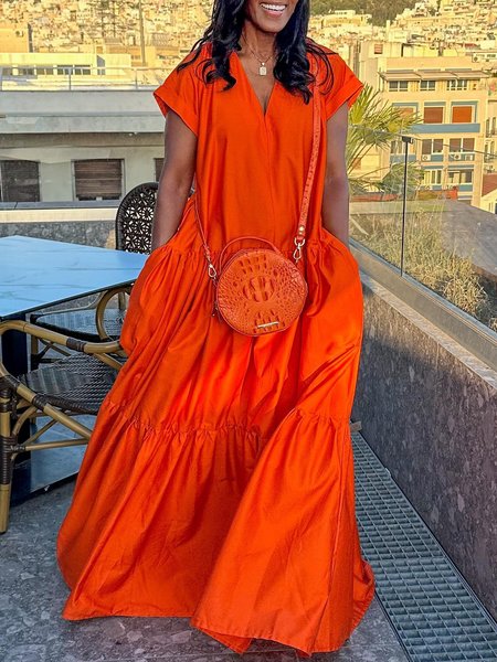 Casual Loose Pockets V Neck Maxi Dress, Maxi Dresses, color:Orange|size:XXL, Stylewe